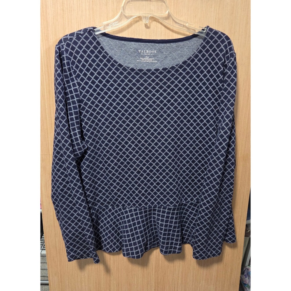 Talbots Size XLP Womens Long Sleeve Peplum Top Diamond‎ Print Blue White